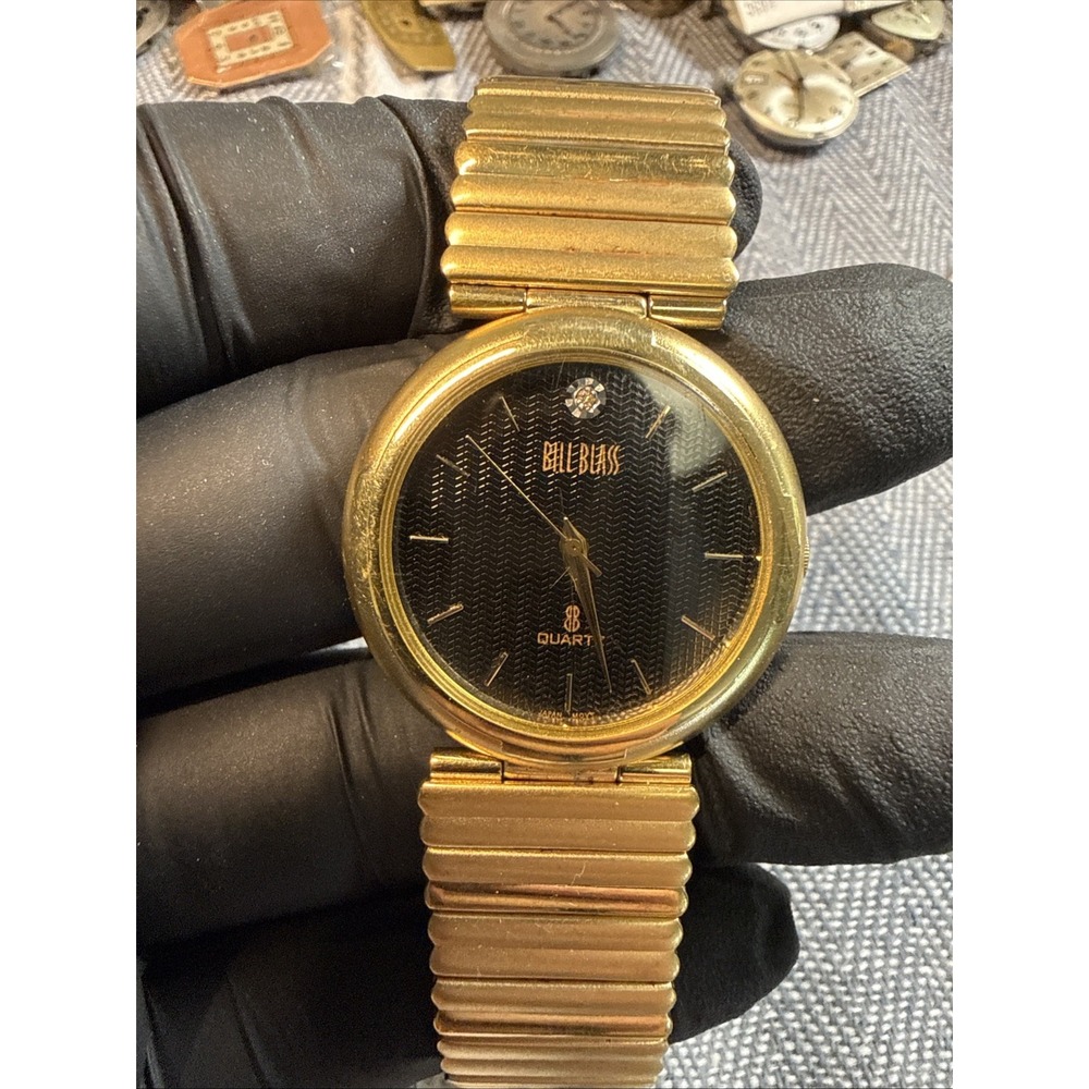 Bill Blass Unisex Quartz Watch Gold Band Black Dial- New Battery 31mm
